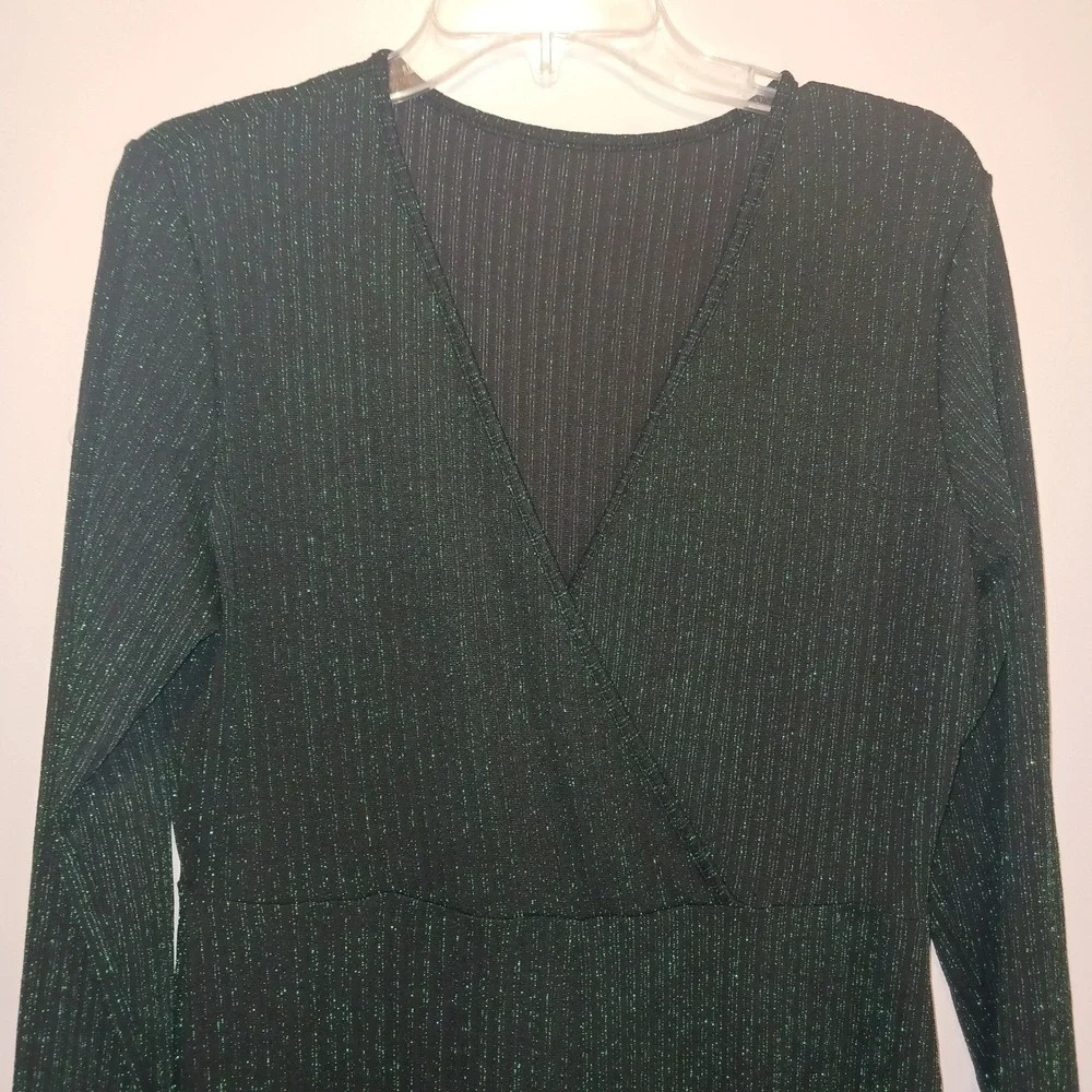 Holiday Party Disco Bling Sparkle Green Metallic Long Sleeve Wide Leg Jumpsuit L
